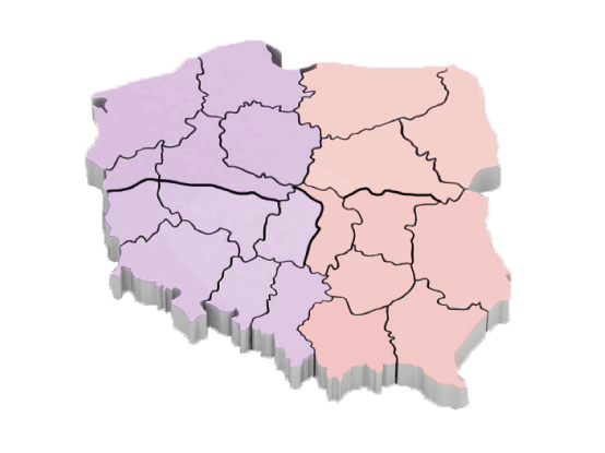 mapa polski z wydzielonymi terenami działania określonych przedstawicieli