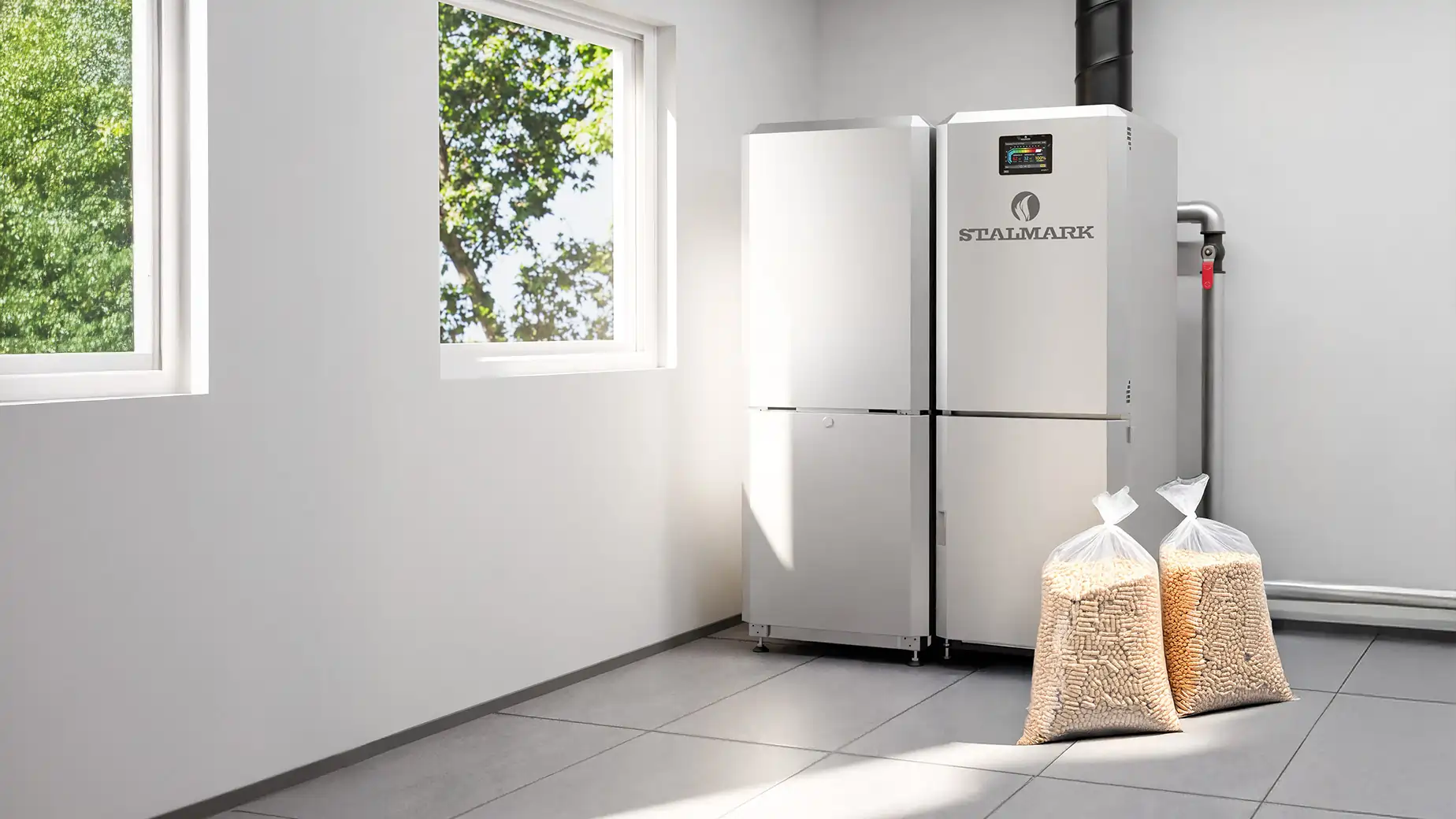 Kocioł 5 klasy na pellet z podajnikiem Stalmark w kotłowni, z workami pelletu, urządzenie objęte programami dofinansowania.