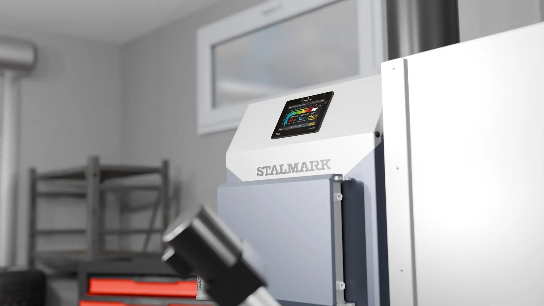 Sterownik kotła 5 klasy na pellet z podajnikiem Stalmark, panel zarządzania pracą urządzenia objętego dofinansowaniem.