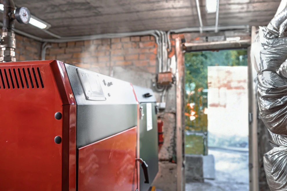 Dym unoszący się z kotła centralnego ogrzewania na pellet, ekogroszek, drewno