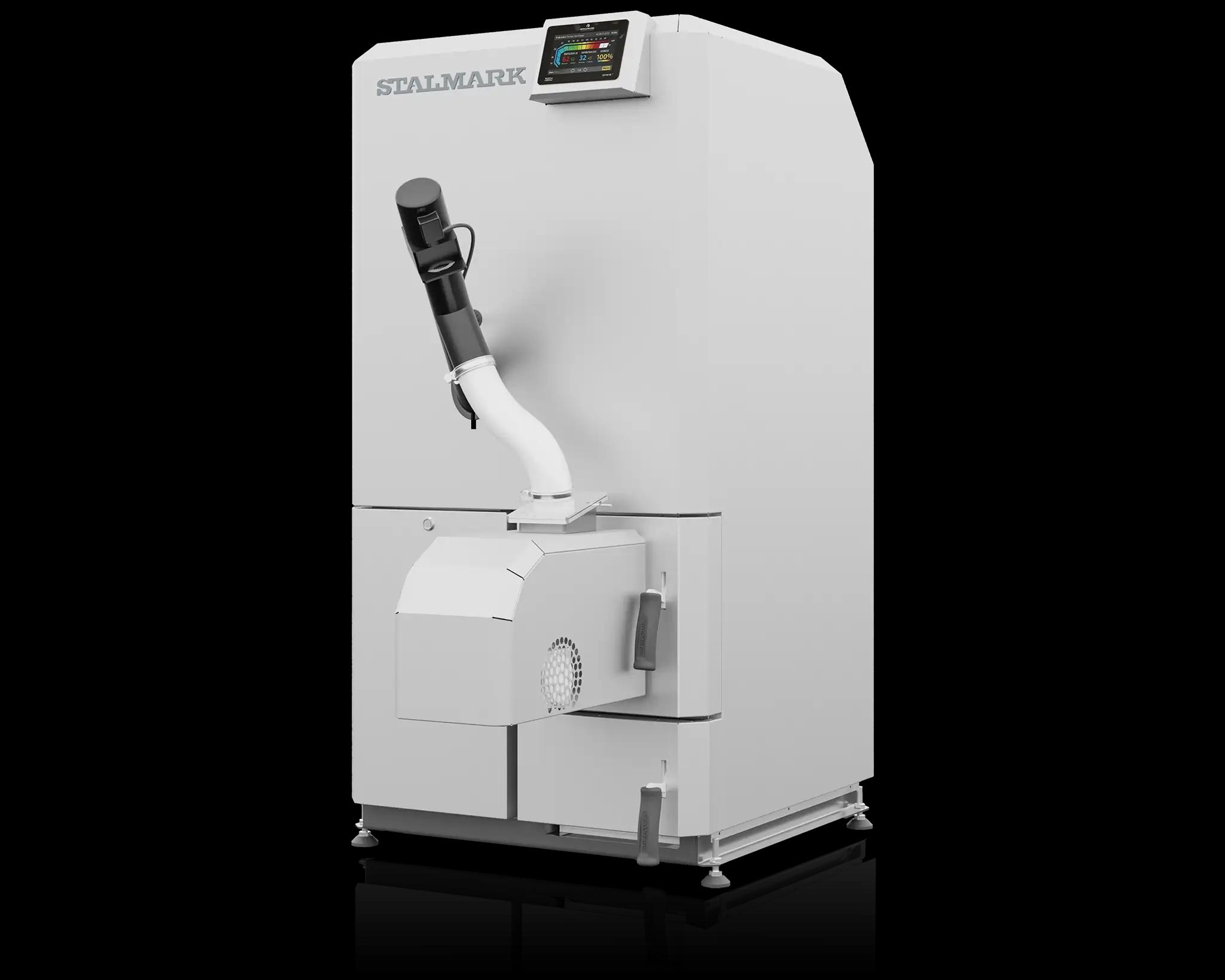 lewy przód kompaktowy kocioł centralnego ogrzewania 5 klasy na pellet Stalmark Eko Box II - zamiast tradycyjnego pieca