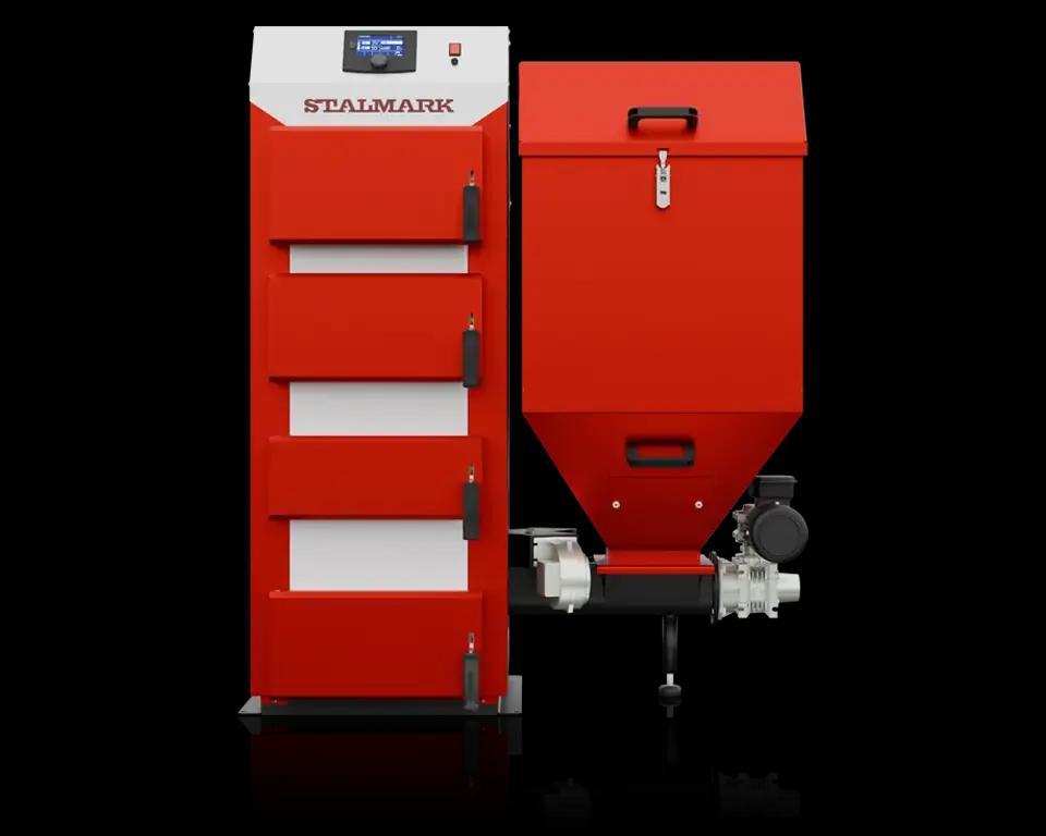 prawy przód kotła centralnego ogrzewania Stalmark Eko Vegas na ekogroszek z automatycznym podajnikiem - nowoczesny zamiennik pieca CO