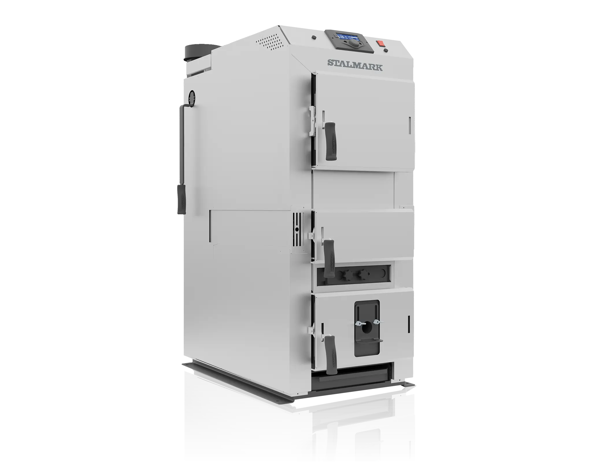 prawy przód nowoczesnego kotła zgazowującego drewno Stalmark Eko Wood - technologia przyszłości, lepsza niż piec zgazowujący drewno