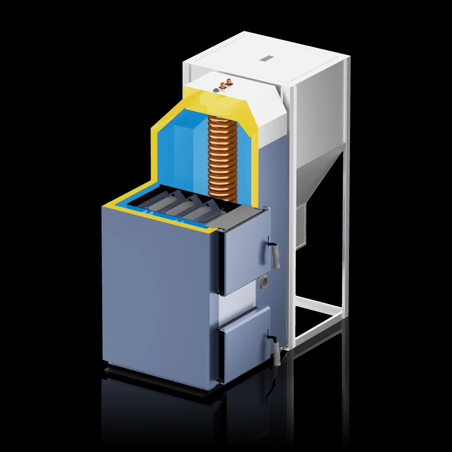 Przekrój pieca dwufunkcyjnego na pellet Hydro Vegas z wężownicą ciepłej wody użytkowej CWU zasilający ogrzewanie oraz wodę użytkową