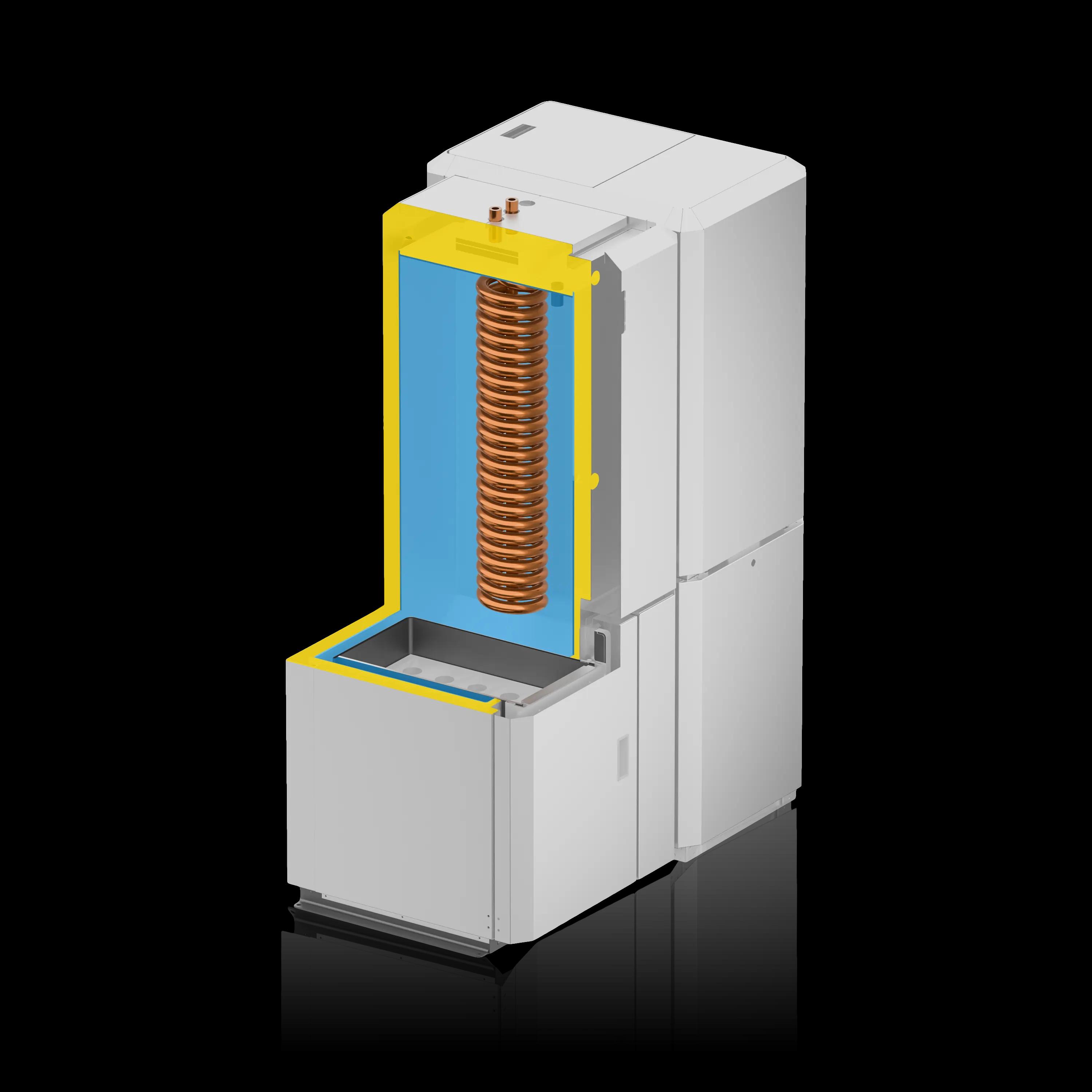 Przekrój pieca dwufunkcyjnego na pellet Hydro Silver z wężownicą ciepłej wody użytkowej CWU zasilający ogrzewanie oraz wodę użytkową z automatycznym czyszczeniem wymiennika i palnika