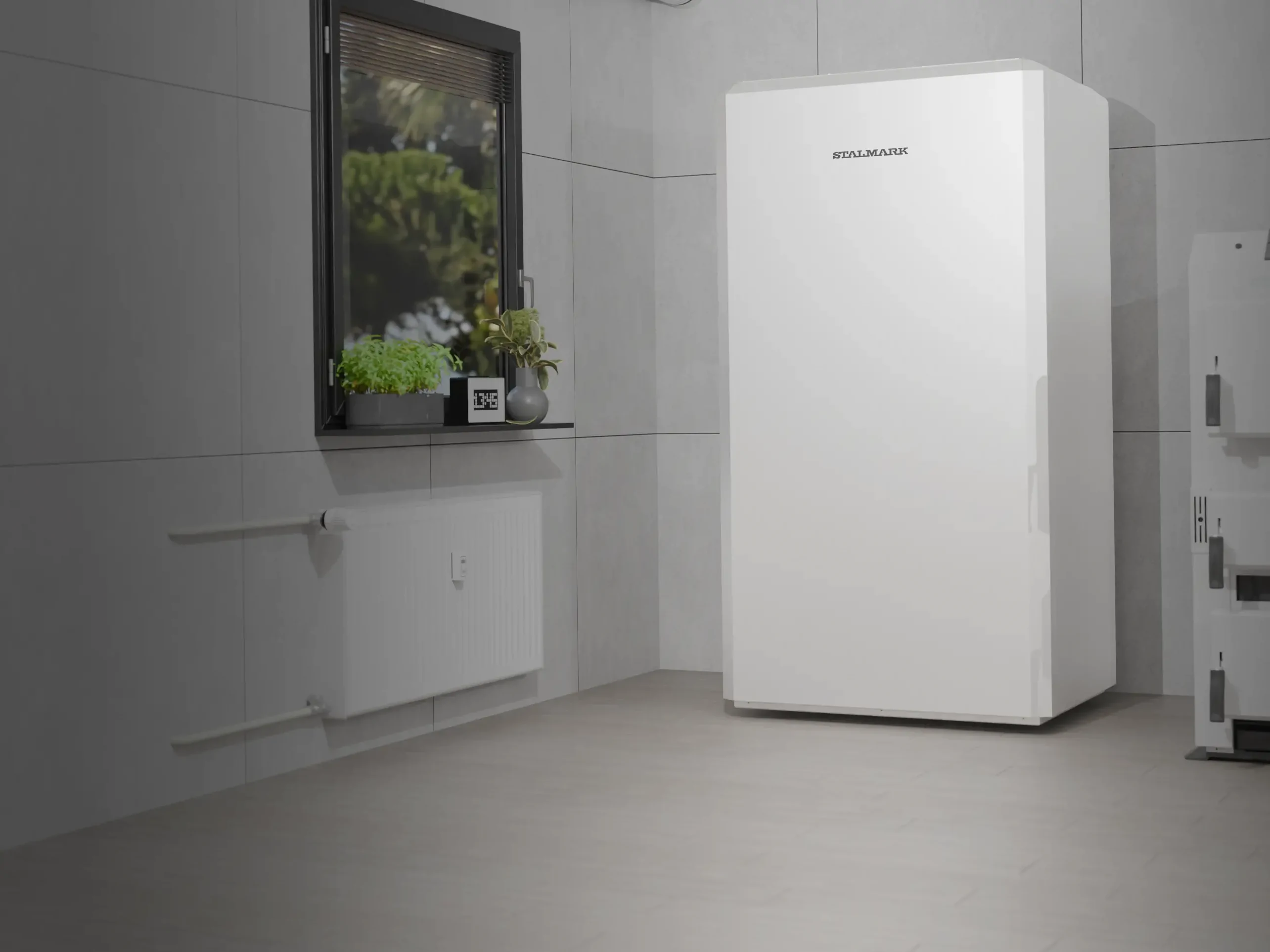 bufor ciepła z wężownicą CWU i obudową z metalu w kotłowni ocieplony pianą PUR